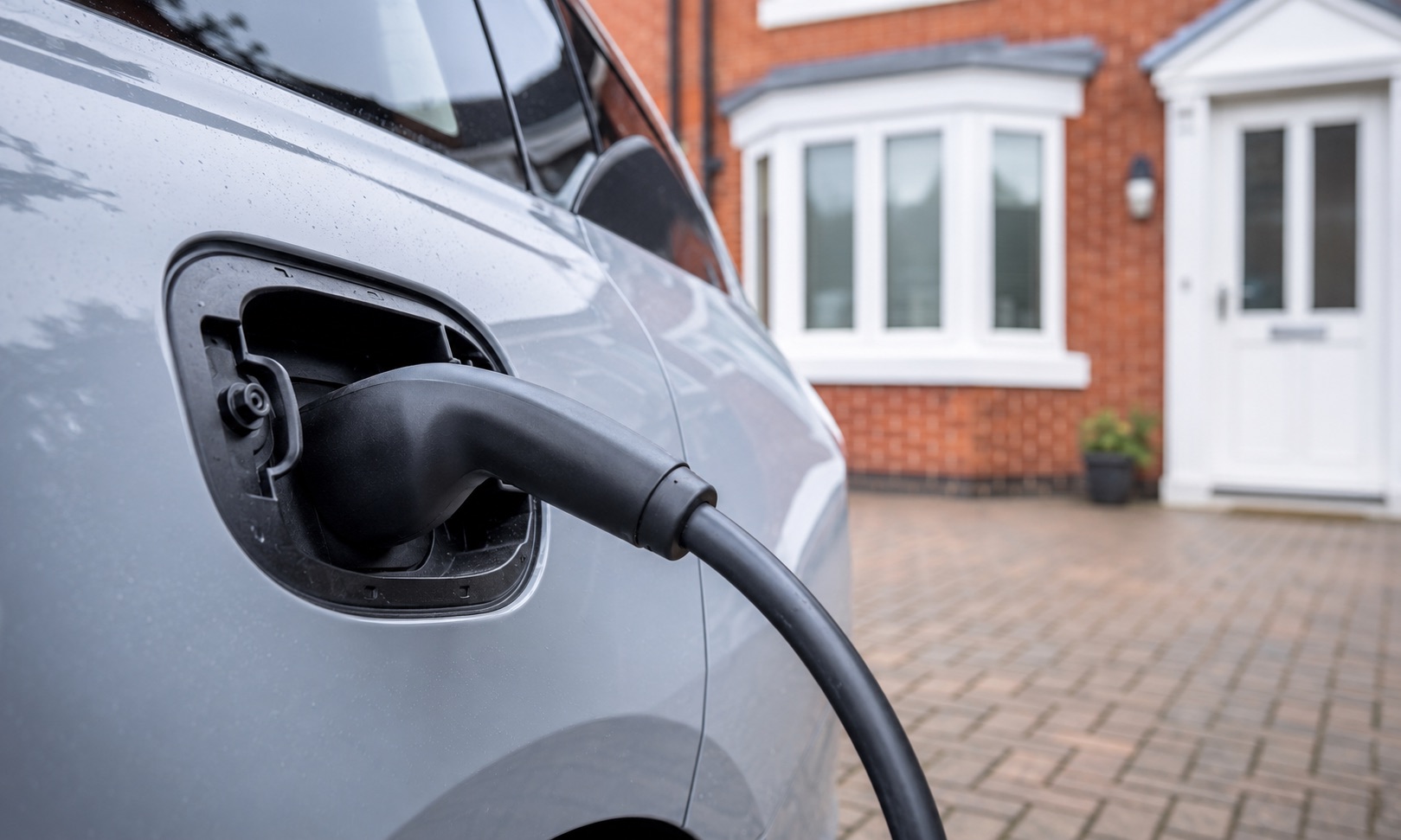 Close-up of an EV charging connector plugged into a car outside a UK home