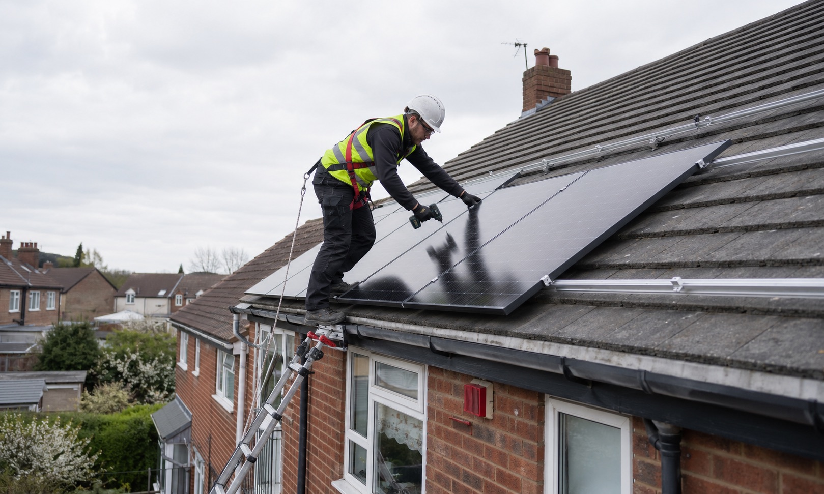 Installer fitting solar panels on a UK house roof