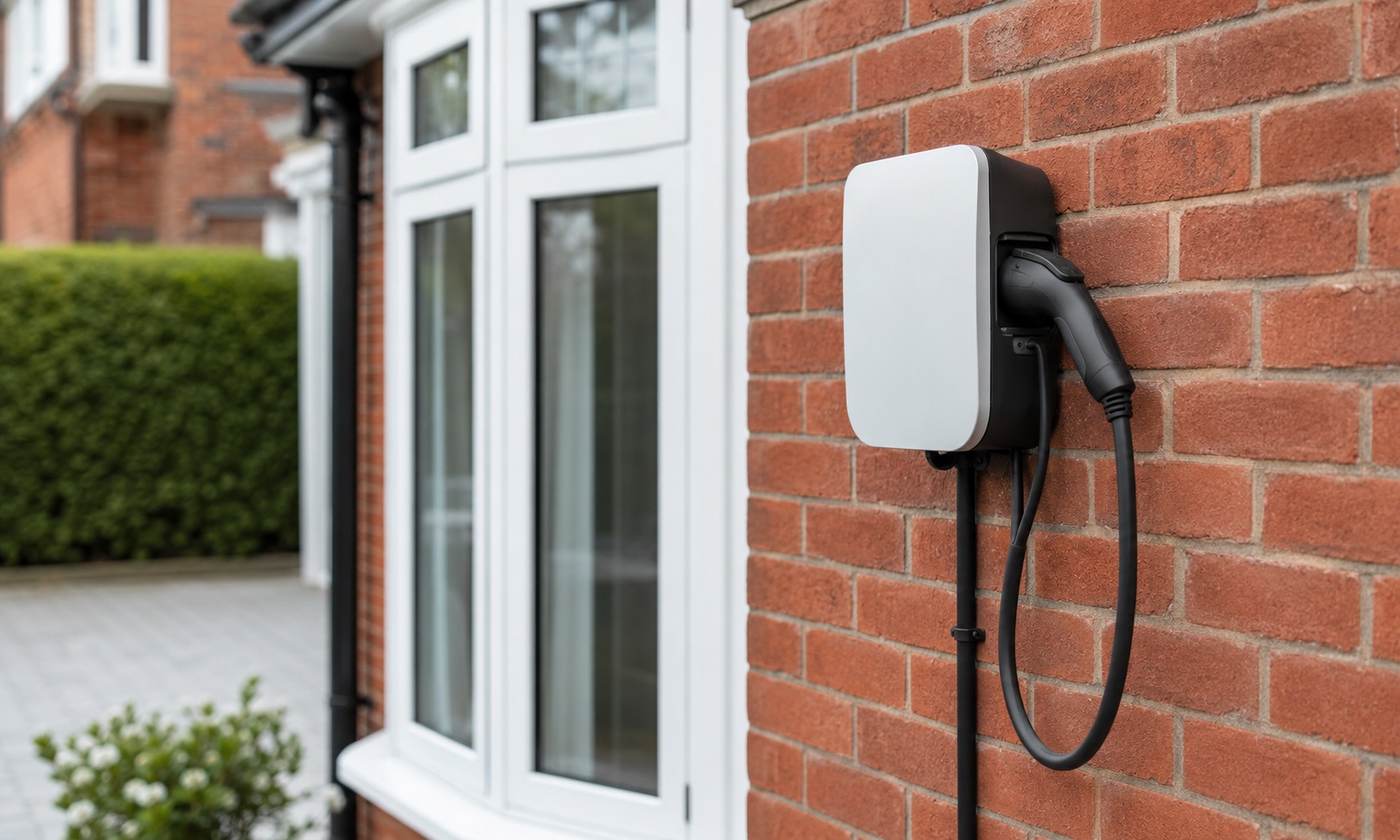 Wall-mounted home EV charger on a brick wall