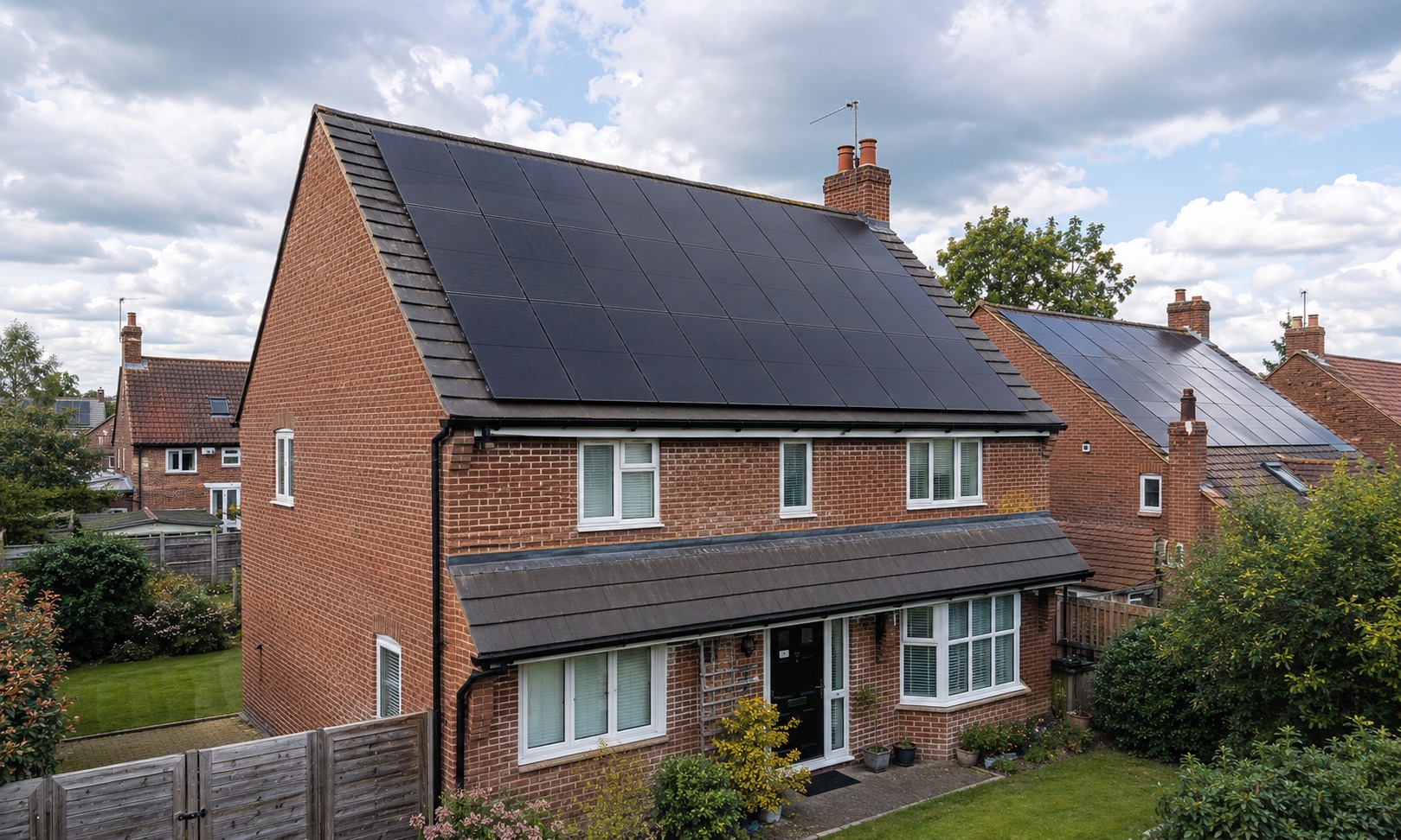 Aerial view of a UK house roof fully covered in solar panels