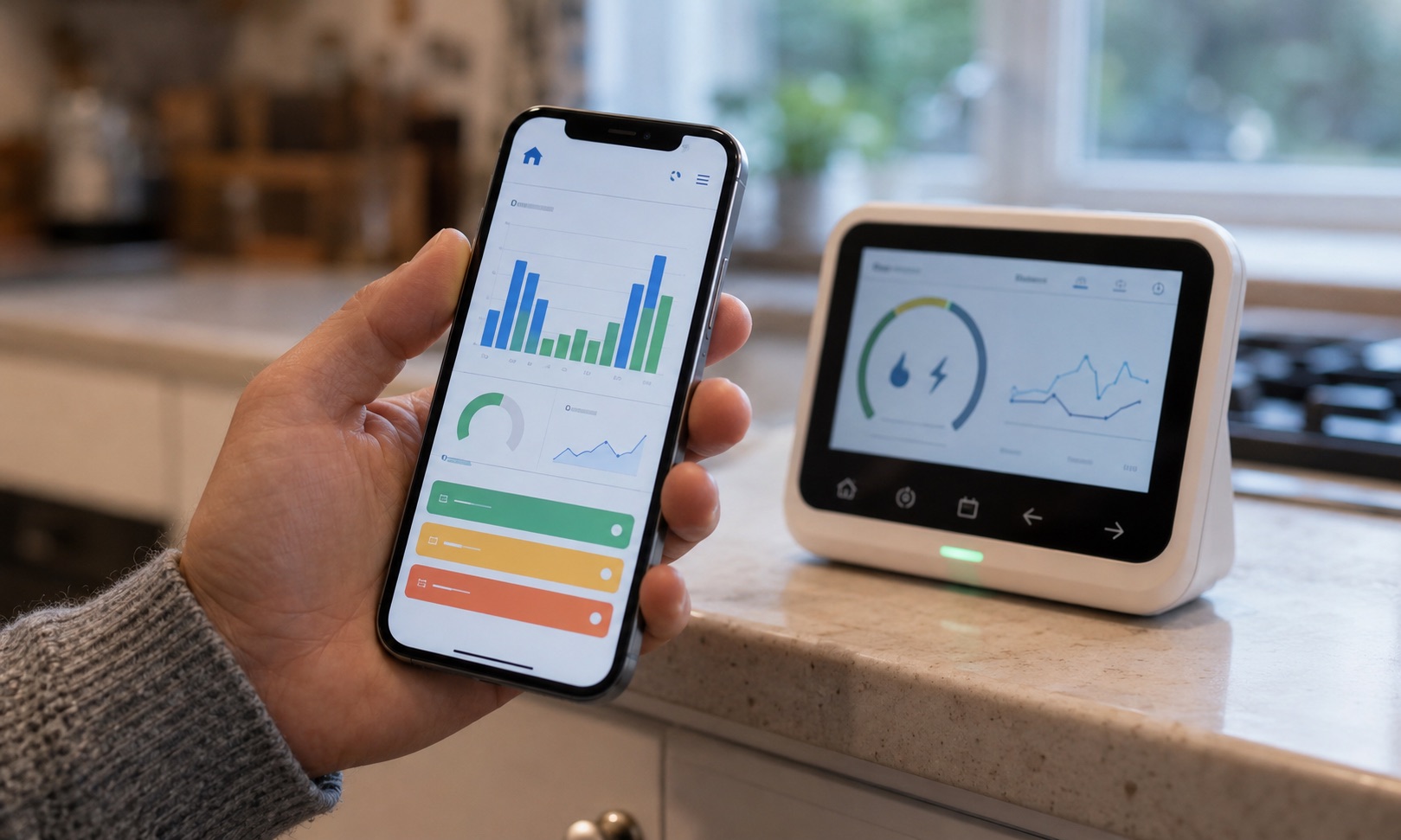 Hand holding a phone showing an energy usage app next to a smart home energy display