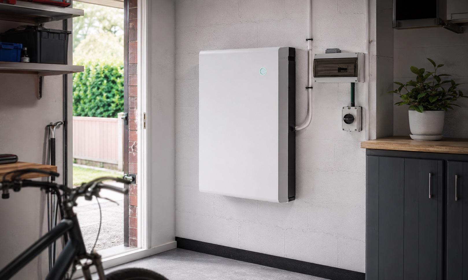 Wall-mounted home battery storage unit in a garage