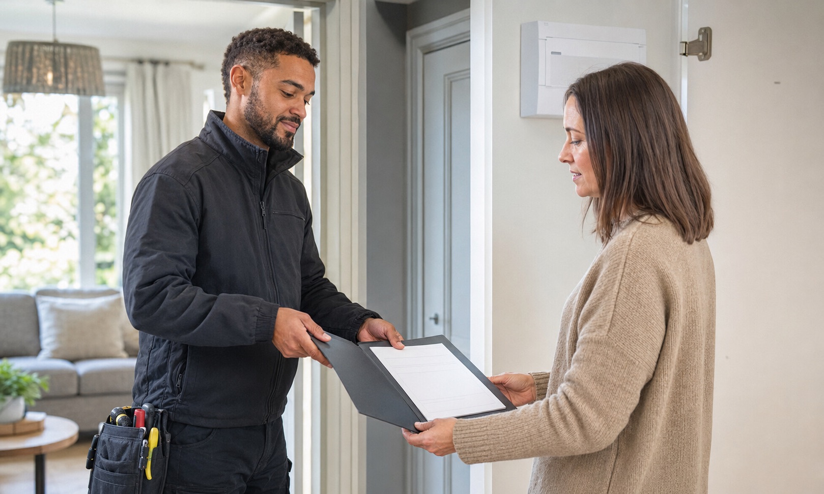 Electrician handing a completed certificate to a homeowner