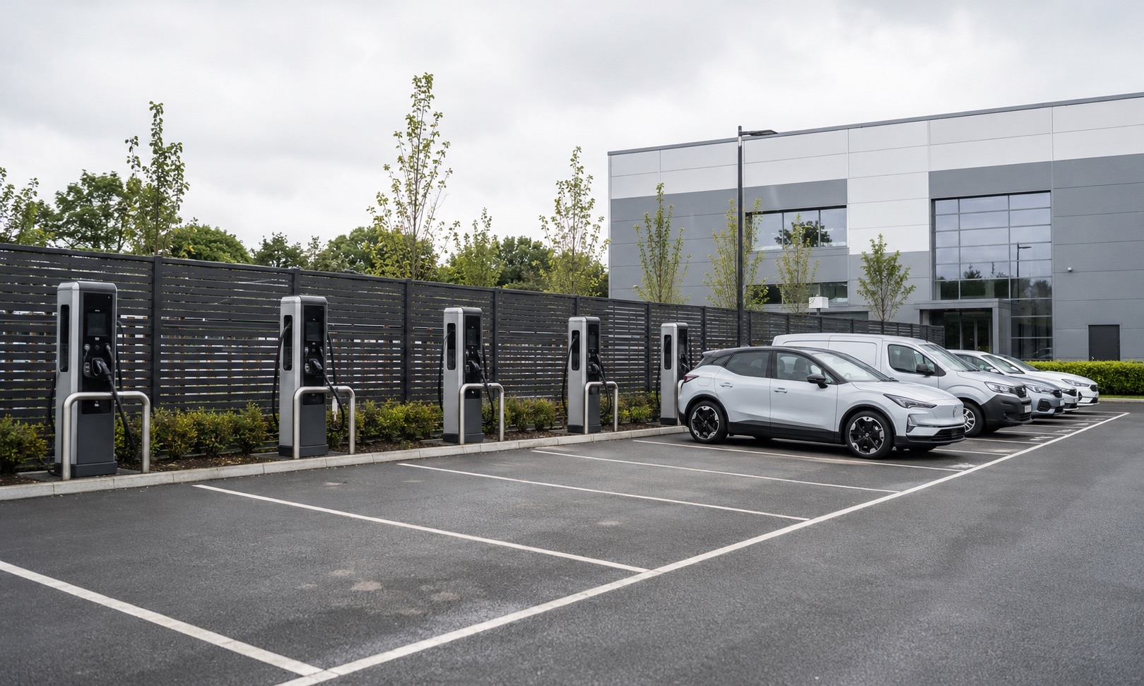 Row of commercial EV charge points in a car park with fleet vehicles
