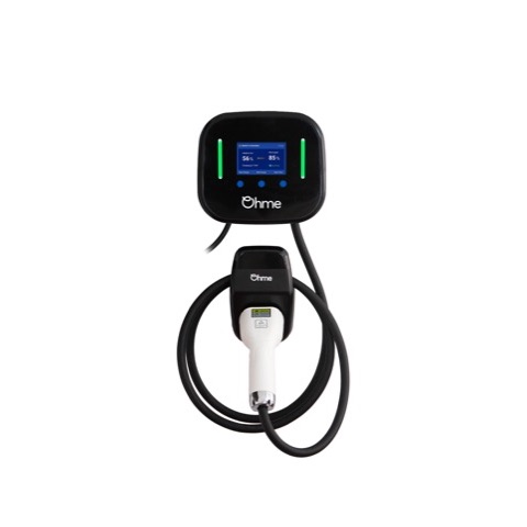Ohme Home Pro EV charger with colour LCD screen and tethered cable