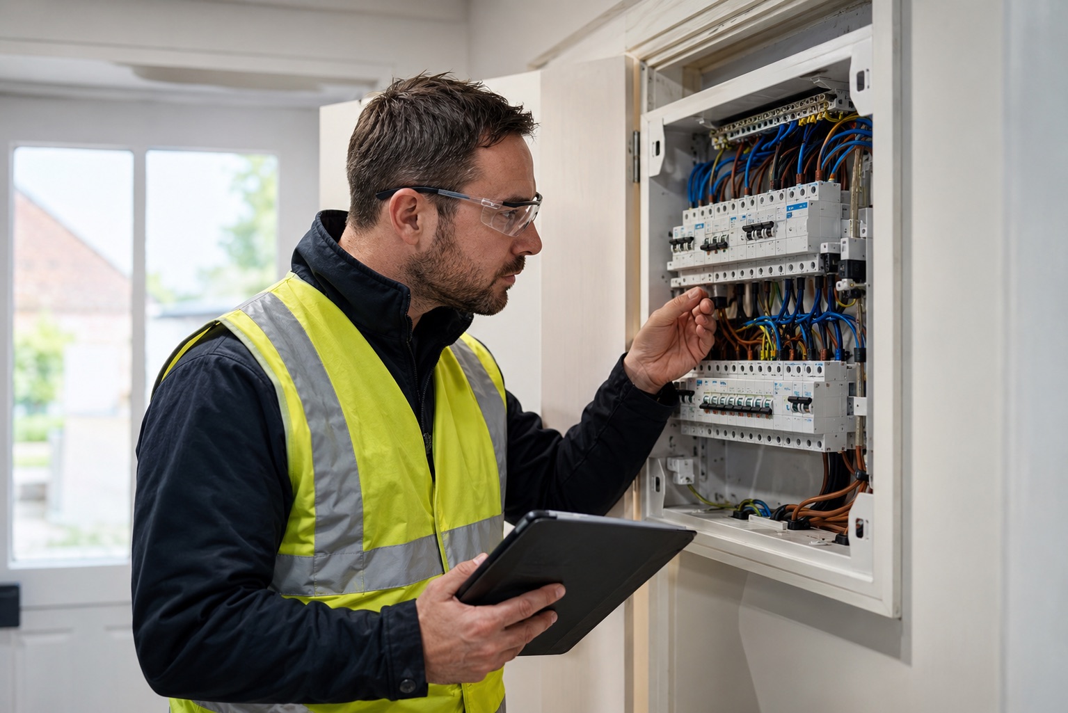 Electrician inspecting a consumer unit with a tablet during an EICR inspection