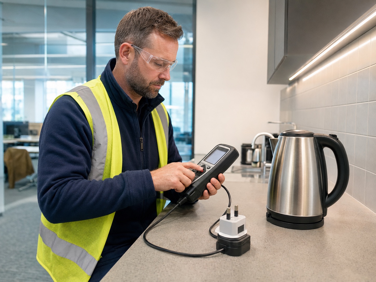Engineer PAT testing a kettle with a handheld tester in an office kitchen