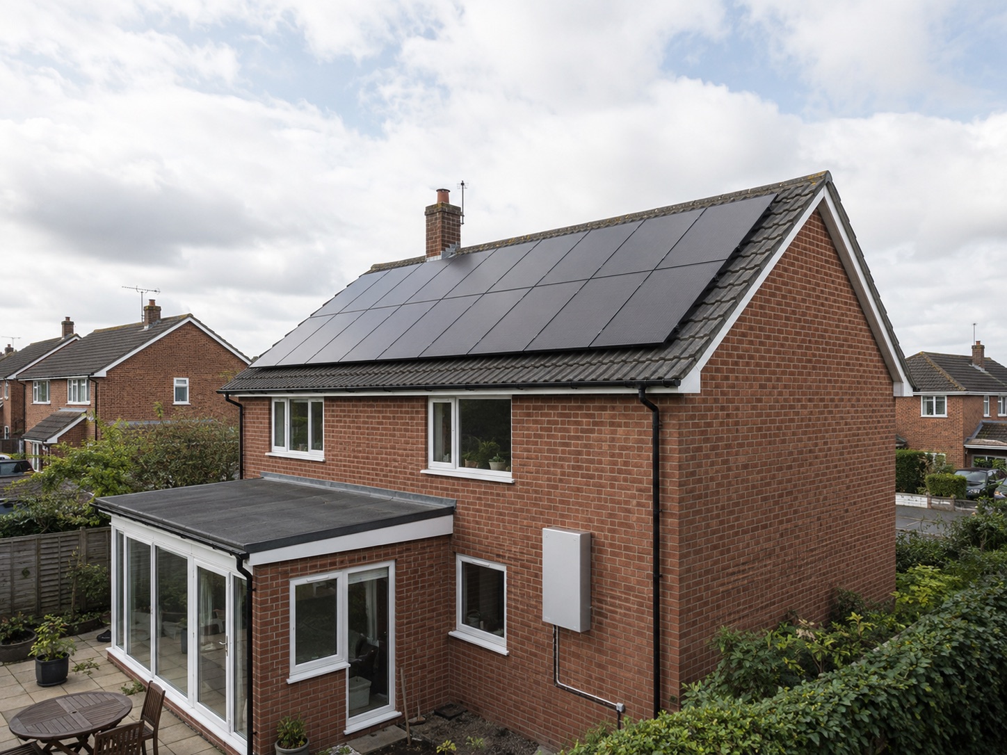 UK house with rooftop solar panels and a wall-mounted home battery storage unit