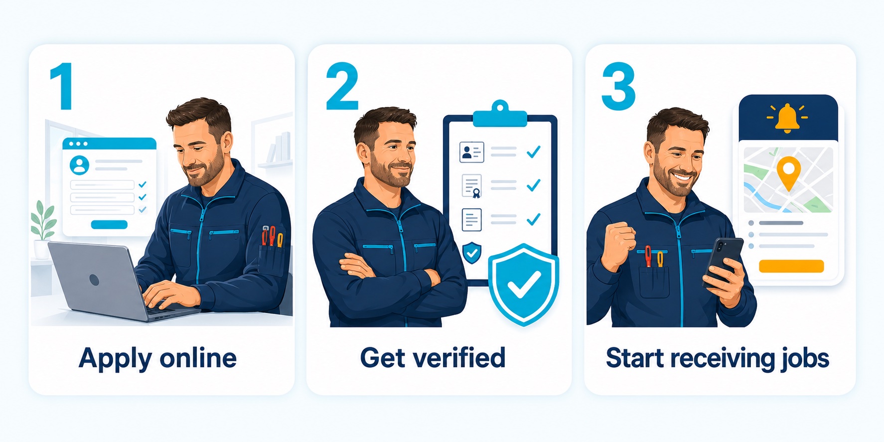 Three steps to join: apply online, get verified, start receiving jobs