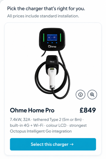 Choosing a charger in the Universal Energy quote wizard