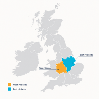 Map of the UK highlighting Universal Energy's West Midlands and East Midlands coverage areas