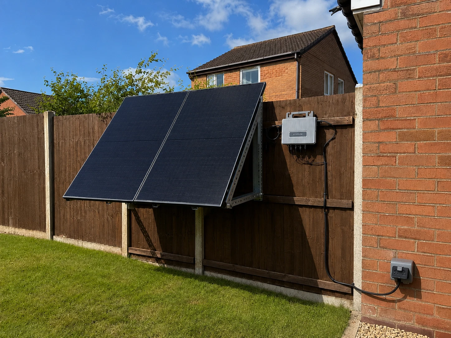 A garden plug-in solar kit mounted on a fence frame, wired to a micro-inverter and plugged into an outdoor wall socket