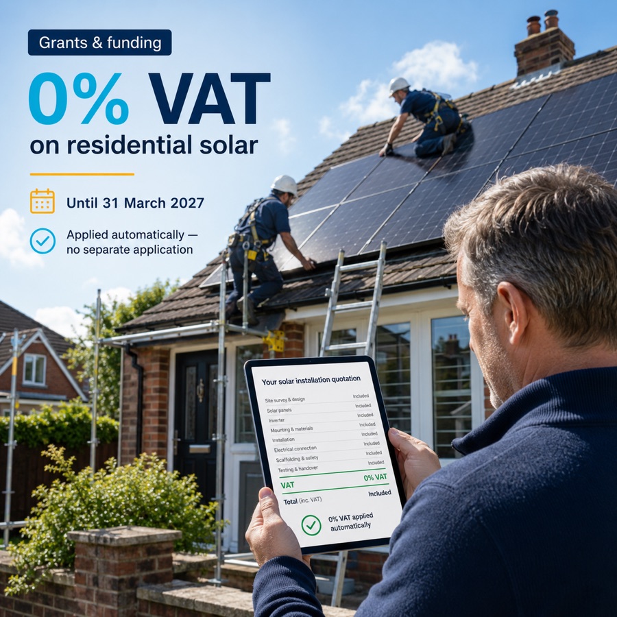0% VAT on residential solar until 31 March 2027, applied automatically to your quotation