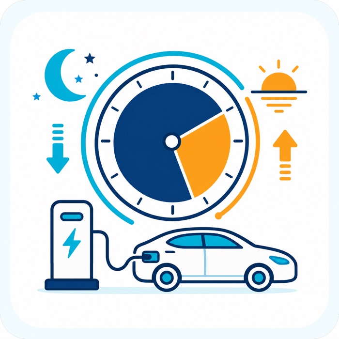 Illustration of a day/night tariff split showing the cheap overnight charging window used by EV-specific tariffs
