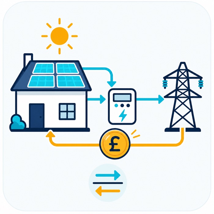 Illustration of solar panels exporting surplus power through the meter to the grid in exchange for payment