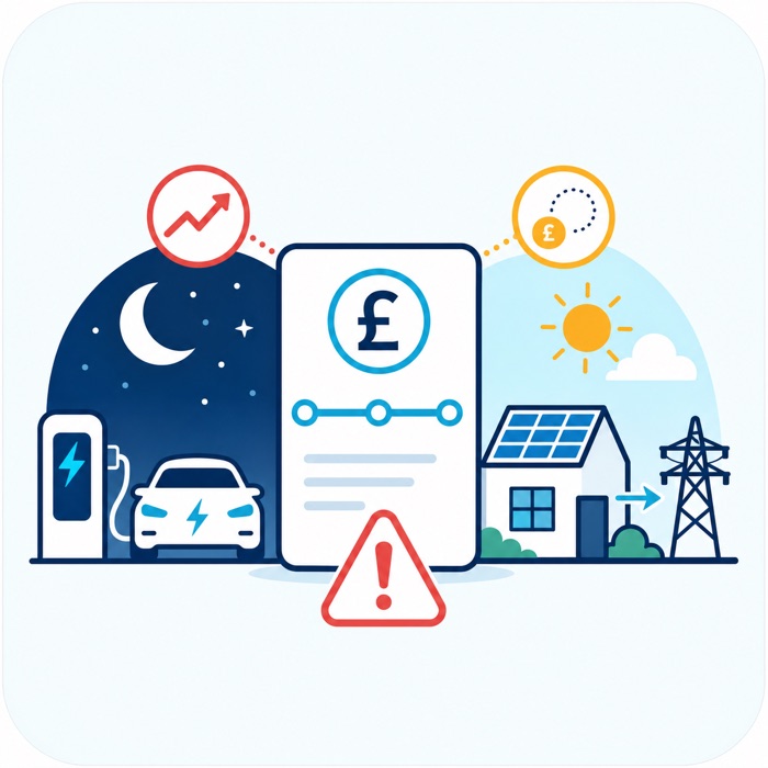 Illustration showing a flat-rate tariff falling short once you charge an EV overnight and export solar by day