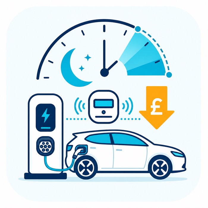Illustration of a time-of-use tariff clock showing cheaper overnight EV charging rates