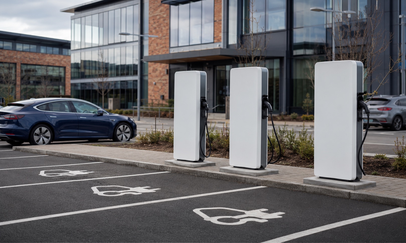 Row of commercial EV charge points in a UK workplace car park