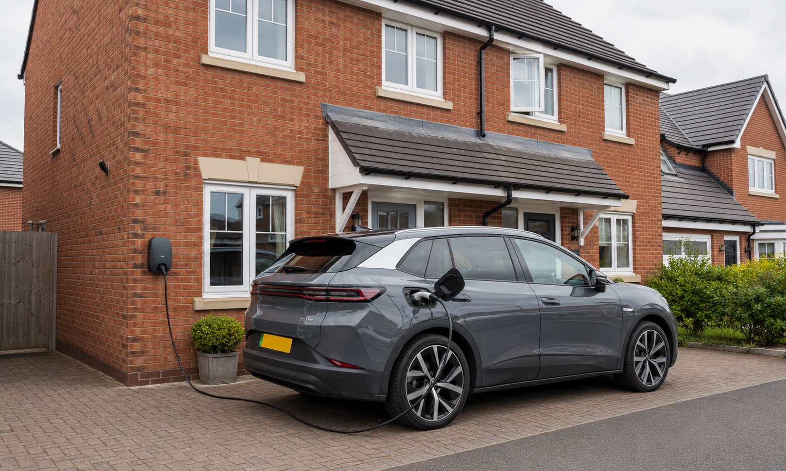 Wall-mounted home EV charger on a UK house, charging a car on the driveway
