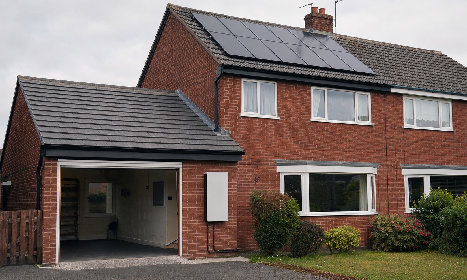Solar panels on a UK pitched roof with a wall-mounted home battery storage unit